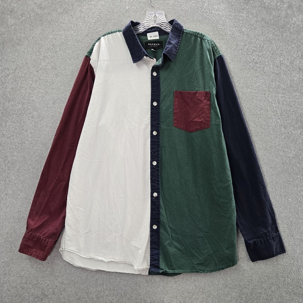 Pacsun Men Button Up Shirt XL Green Y2K Colorblock Long Sleeve